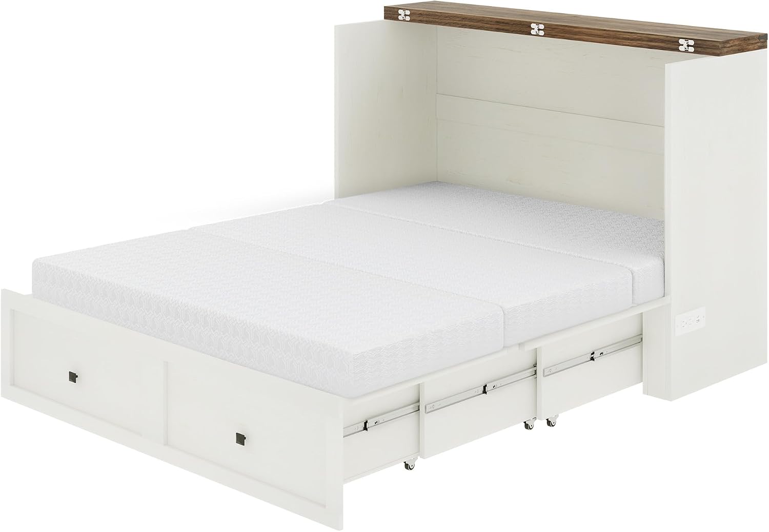 LUXOAK Full Murphy Bed with 6' Tri-Fold Memory Foam Mattress, Storage Drawer & Charging Station, Space-Saving Design for Home Office or Guest Room, White
