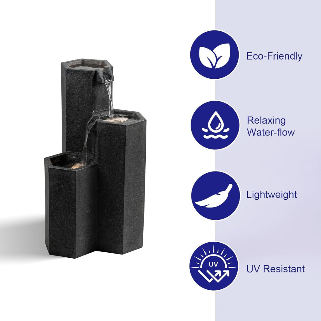 27.95'' H 3-Tiers Cascading Outdoor Water Fountain Made with Eco-Friendly Recyclable Materials, Polyethylene Waterfall Fountain, Outdoor Decor with LED Lights for Patio, Backyard