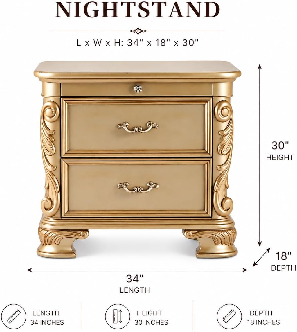 First of a Kind Miranda Gold Finish Traditional Nightstand - High Gloss Style Bedside Table, Upholstered Design, Ornate Carved Wood Accent Furniture for Coordinated Bedroom Interiors
