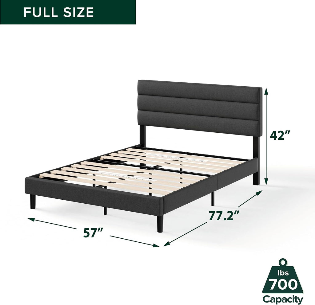 Zinus Full Piper Upholstered Platform Bed with Horizontal Paneled Headboard, Wooden Slat Support, No Box Spring Needed, Easy Assembly, Eco Friendly Packaging, Dark Grey