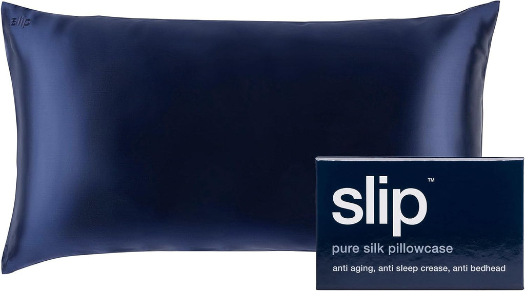 slip King Pure Silk Pillow Case - 100% Pure 22 Momme Mulberry Silk- King Size Standard Pillow Case - Anti-BedHead, Anti-Sleep Crease, Navy (20' x 36')