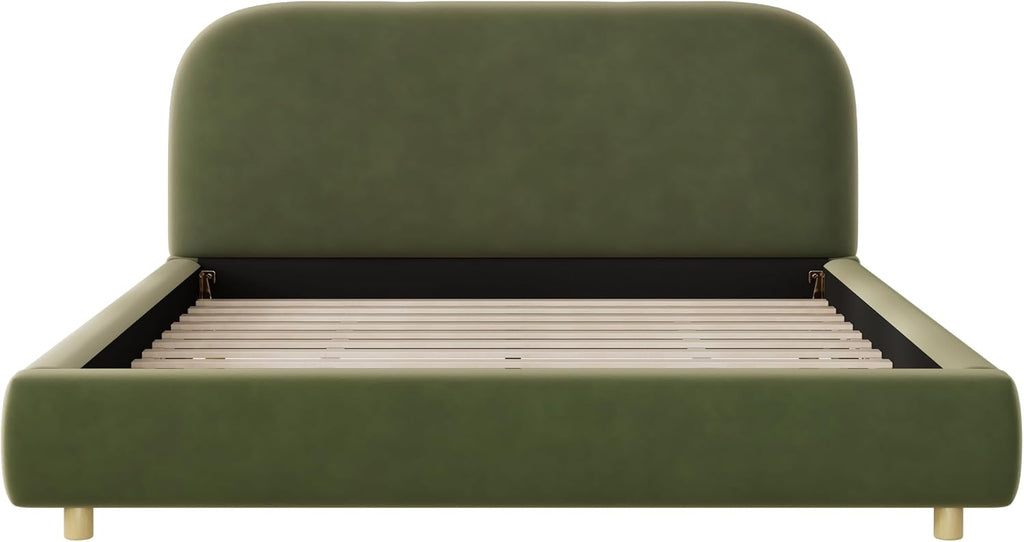 Queen Size Platform Bed with Curve-Shaped Design Headboard, Velvet Fabric Upholstered Platform Bed with Strong Support, Modern Bed Frame, No Box Spring Needed, Easy Assembly (Olive Green,Queen,8)