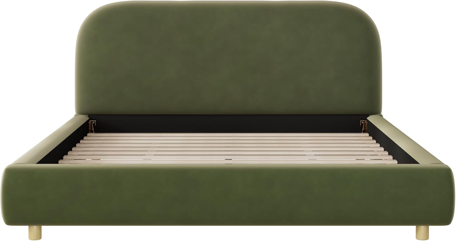 Queen Size Platform Bed with Curve-Shaped Design Headboard, Velvet Fabric Upholstered Platform Bed with Strong Support, Modern Bed Frame, No Box Spring Needed, Easy Assembly (Olive Green,Queen,8)
