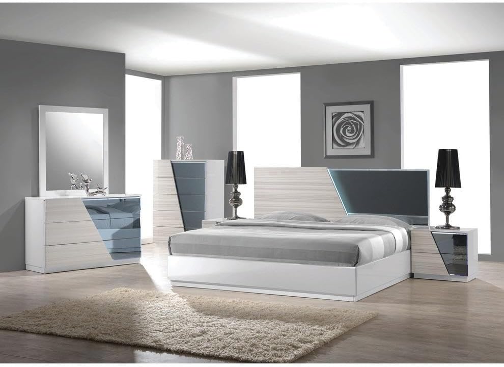 Modern 5-Piece Queen Size Bedroom Set, LED Lighting, High Gloss Lacquer Finish Wooden Bedroom Set, Zebra Gray