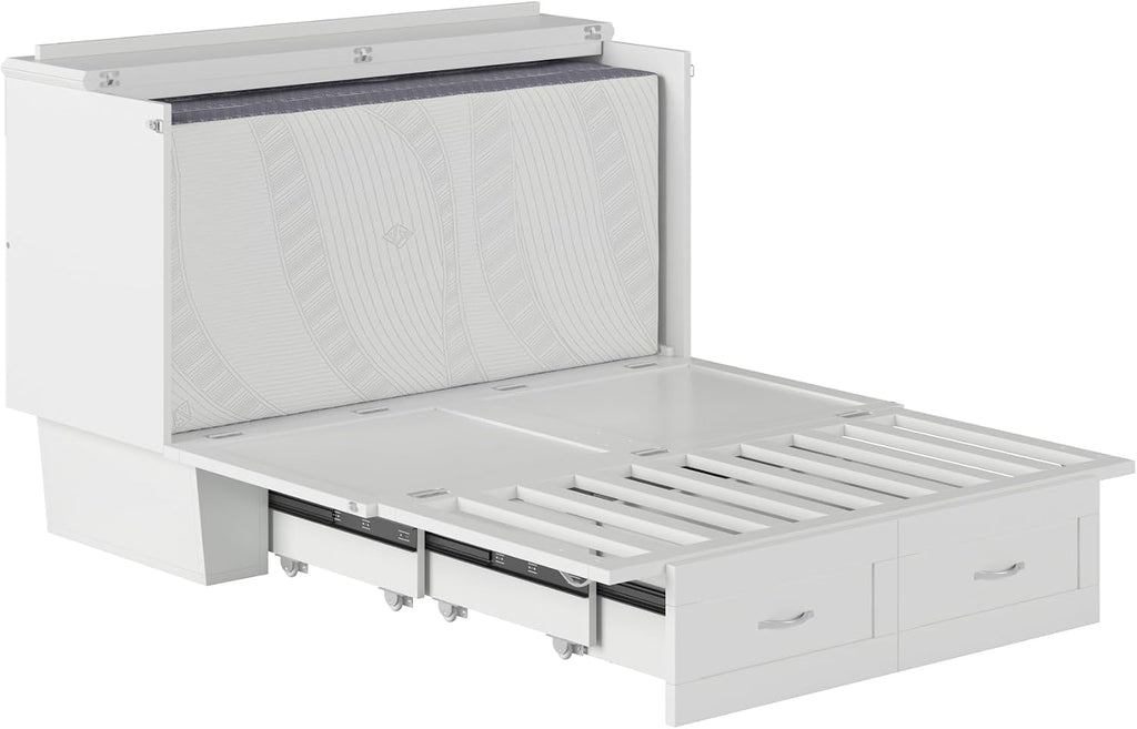 AFI, Monroe Full Murphy Bed Chest with 6' Mattress, Storage Drawer & Built-in USB Charger, White