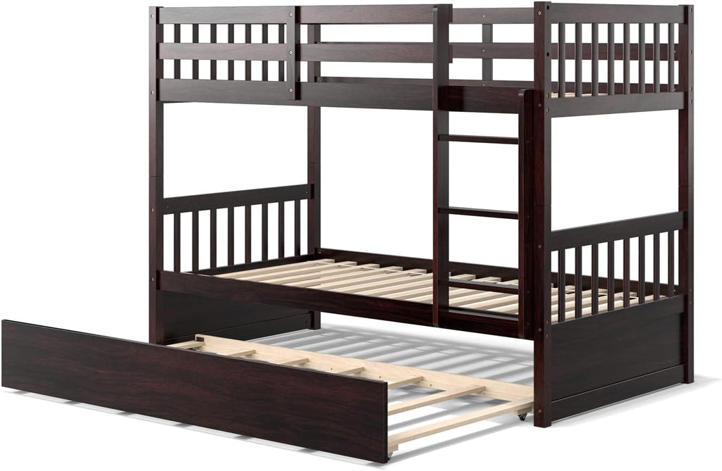KOMFOTT Wood Twin Over Twin Bunk Bed with Trundle, Solid Pine Wood Bunk Bed Frame with Ladder & Safety Guardrails, Space-Saving Convertible Twin Bed Frame for Home & Dormitory, No Box Spring Needed
