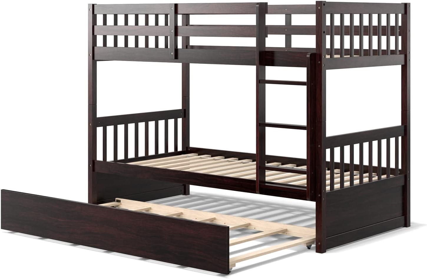 KOMFOTT Wood Twin Over Twin Bunk Bed with Trundle, Solid Pine Wood Bunk Bed Frame with Ladder & Safety Guardrails, Space-Saving Convertible Twin Bed Frame for Home & Dormitory, No Box Spring Needed