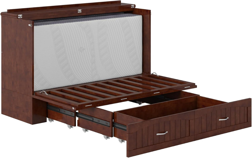 AFI, Southampton Murphy Bed Chest Queen with 6' Mattress, Storage Drawer & Built-in USB Charger, Walnut