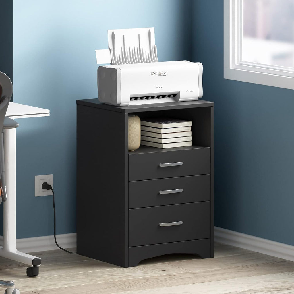 Black Nightstand Set of 2, 3 Drawer Nightstand with Charging Station Side Table with Open Storage Bedside End Table NightStands Storage Cabinet for Bedroom
