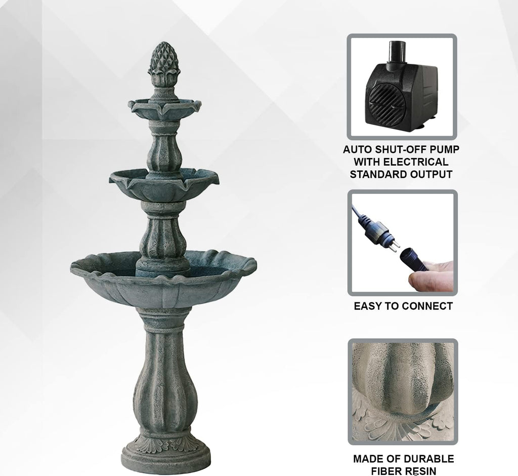 XBrand 51' 3-Tier Outdoor Freestanding Waterfall Fountain with Pump and Pineapple Finial, Gray