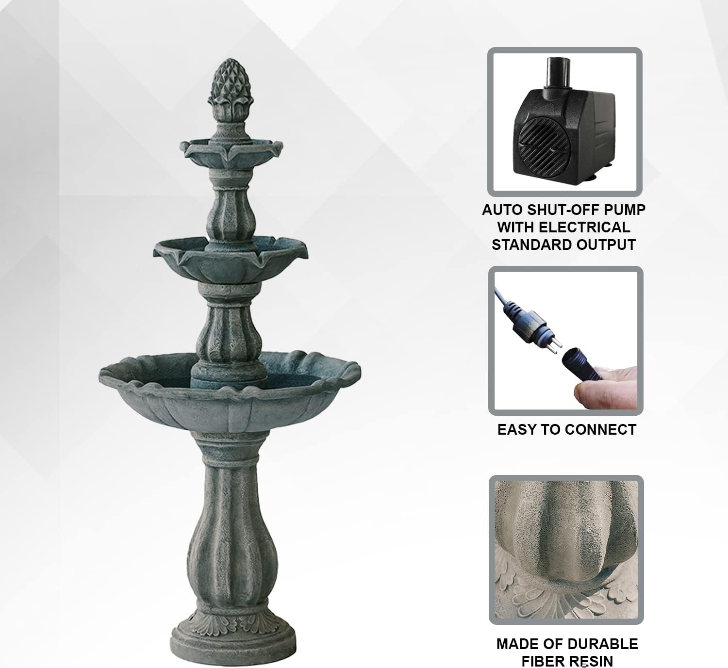 XBrand 51' 3-Tier Outdoor Freestanding Waterfall Fountain with Pump and Pineapple Finial, Gray