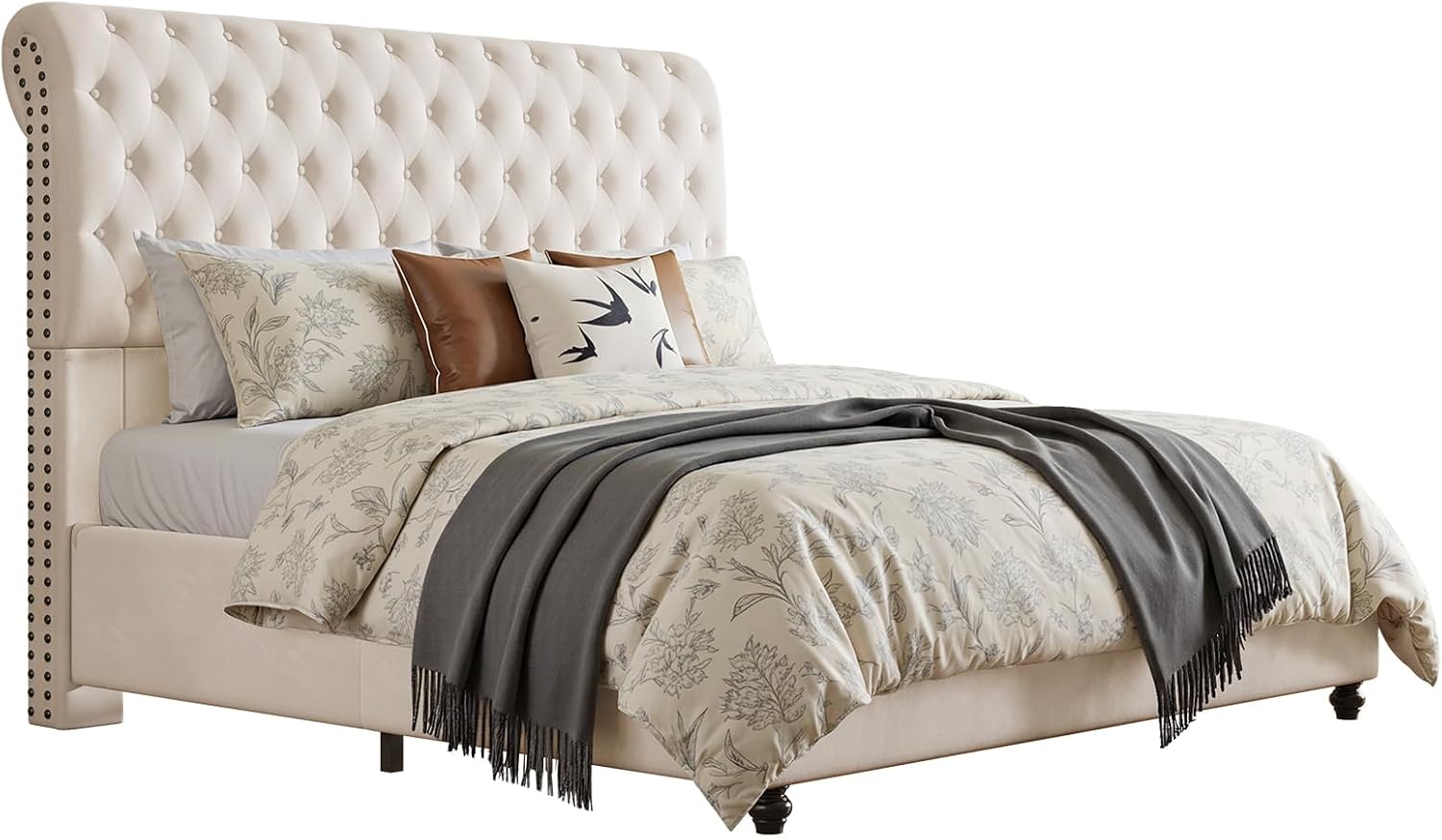 Jocisland King Bed Frame with Headboard, Velvet Sleigh Bed with Button Tufted 52.8' Tall Upholstered Headboard, No Box Spring Needed, Easy Assembly, Cream
