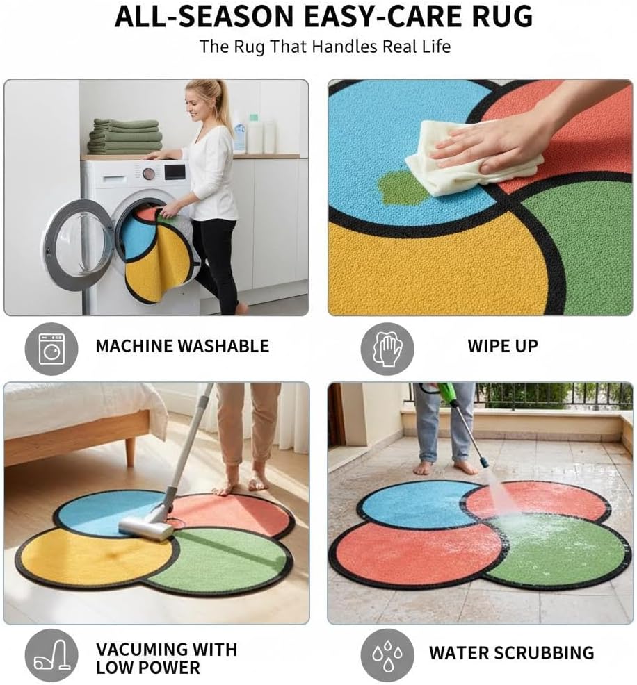 Color Theory Rug 7' Irregular Shape Washable Modern Carpet for Living Room Bedroom Dining Room Home Office Guest Room Faux Wool Stain Resistant Durable Art Deco Area Rugs Red Purple Green