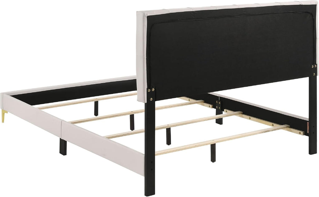 Benzara Dle 5 Piece Queen Bedroom Set, White Faux Leather, Modern Gold Accents