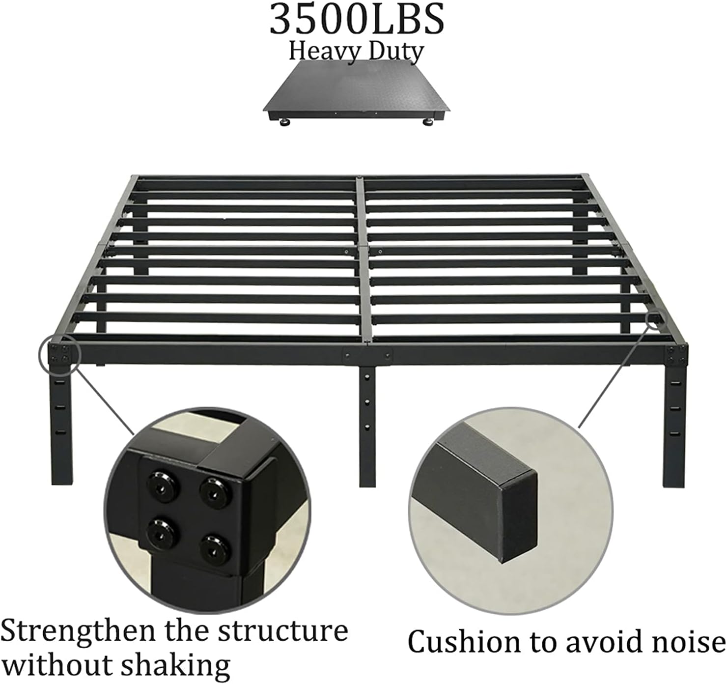 Wulanos Queen Size Bed Frame 18 inch Tall, 3500lbs Heavy Duty Metal Platform with Steel Slats Support, No Box Spring Needed, 18-inch Bedframe with Ample Storage, Sturdy and Noise-Free, Black