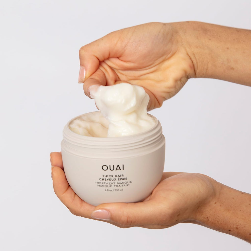 OUAI Thick Hair Bundle - Almond & Olive Oil & Keratin Conditioner, Shampoo & Treatment Masque - Paraben, Phthalate & Sulfate-Free Care (Conditioner & Shampoo 10 Oz each, 8 Fl Oz Masque)