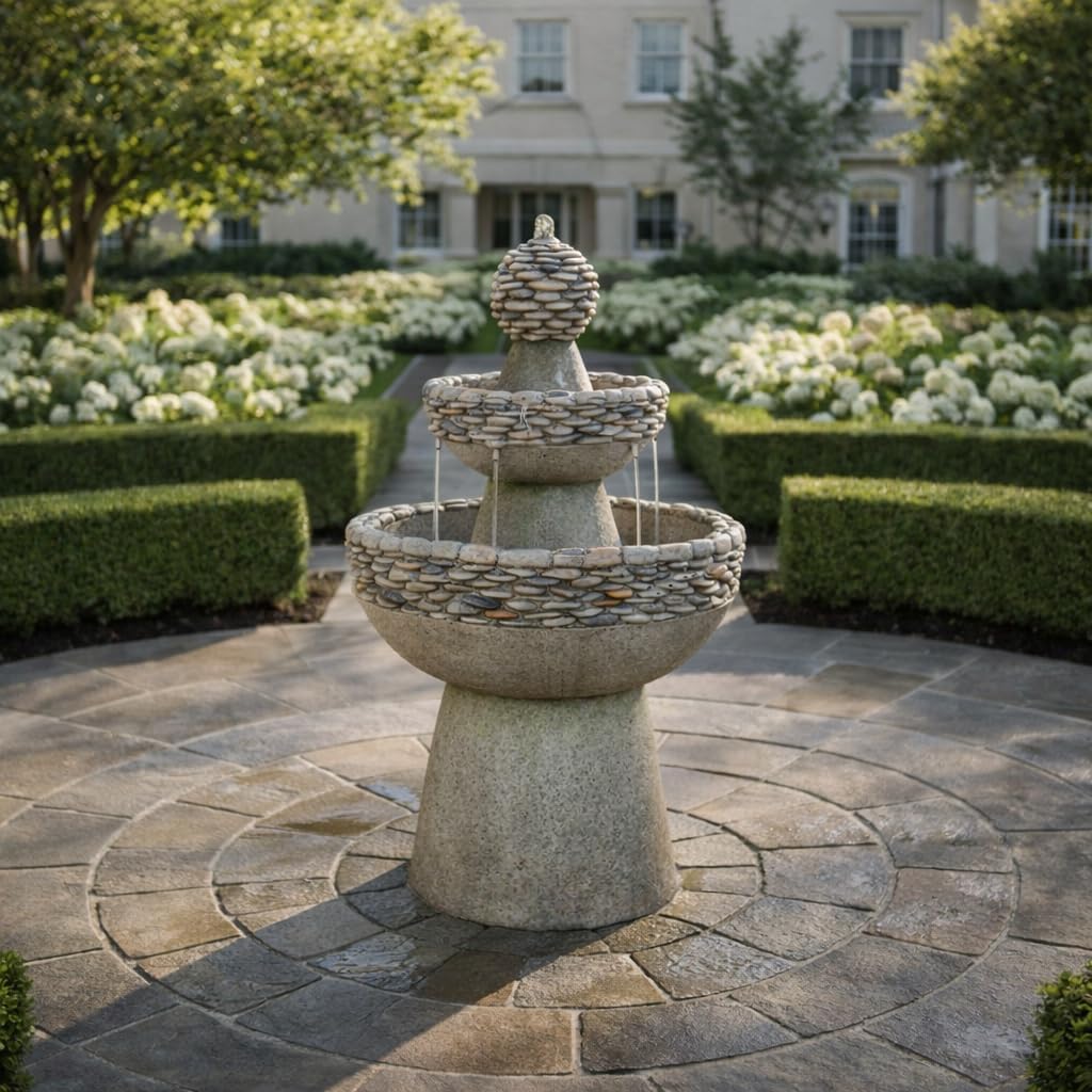 Teamson Home 36.5 in. Outdoor 3-Tier Zen-Style Pedestal Water Fountain in. with Stone Trim with Pump and 2.64 Gallon Capacity, Stone Gray