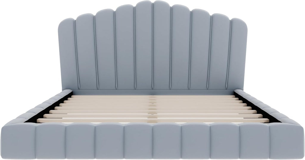 JIVOIT Velvet Upholstered Platform Bed, Queen Bed Frame with Shell-Shaped Headboard, Low-Profile Platform Design with Wood Slats Support, No Box Spring Needed (Light Blue * 167)