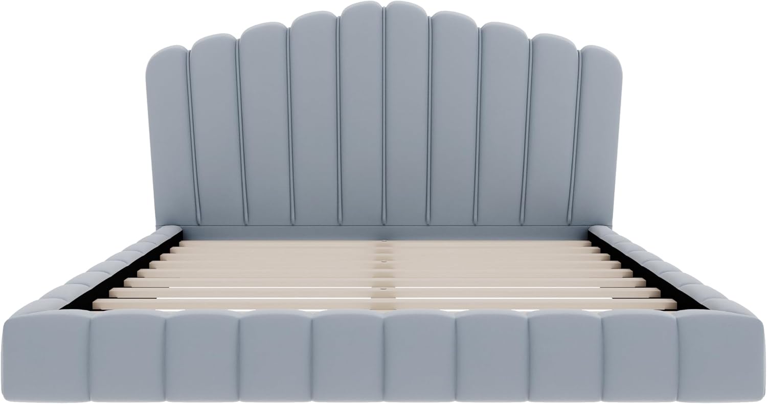 JIVOIT Velvet Upholstered Platform Bed, Queen Bed Frame with Shell-Shaped Headboard, Low-Profile Platform Design with Wood Slats Support, No Box Spring Needed (Light Blue * 167)