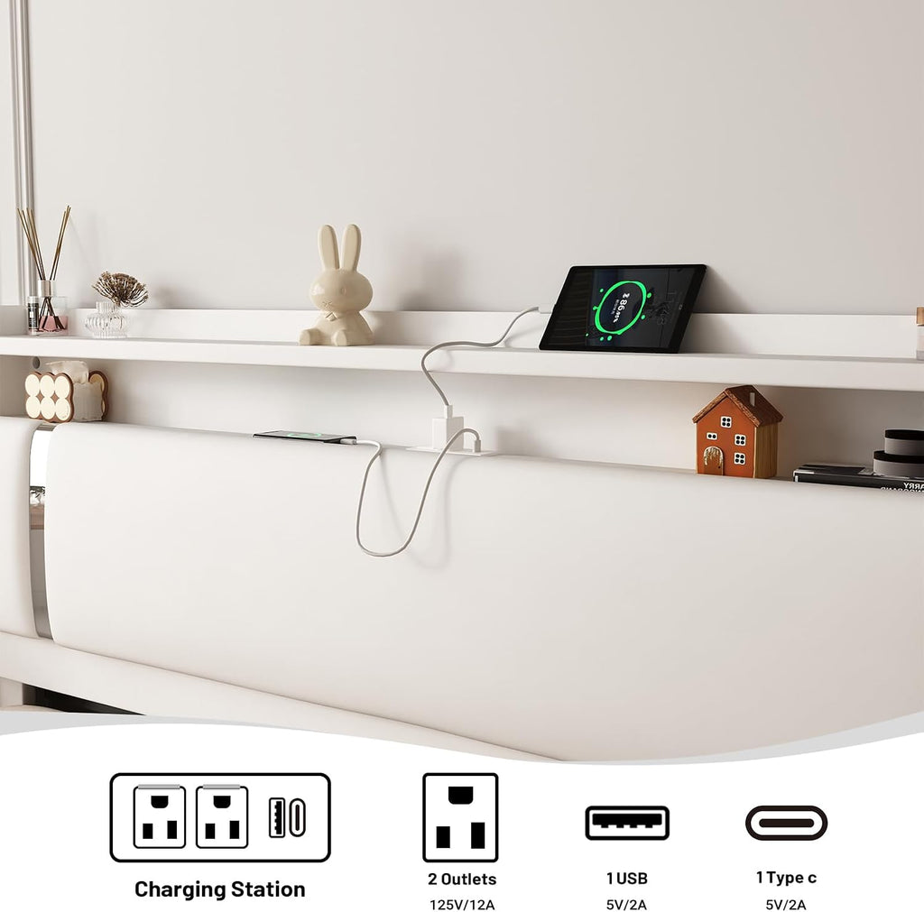Floating Bed Frame, Full Size Platform Bed Frame with LED and Charging Station, Modern White Metal Platform Full Bed with Storage Headboard, Upholstered Platform Bed Frame, No Box Spring Needed