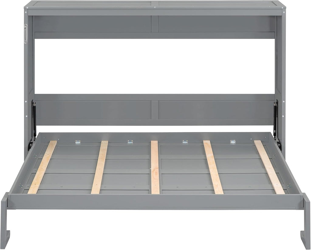 Merax Modern Murphy Cabinet Bed, Solid Wood Wall Platform Bed/No Box Spring Needed/Easy Assemble/Full,Gray