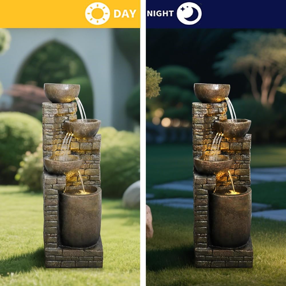 Hamiedun 38.2 ''H Water Fountain Outdoor Cascading Bowls and Stacked Stones with Led Lights Waterfalls Fountain for Outside Gardens, Landscaping, Balconies, Floor Patio,Backyard and Home Art Decor