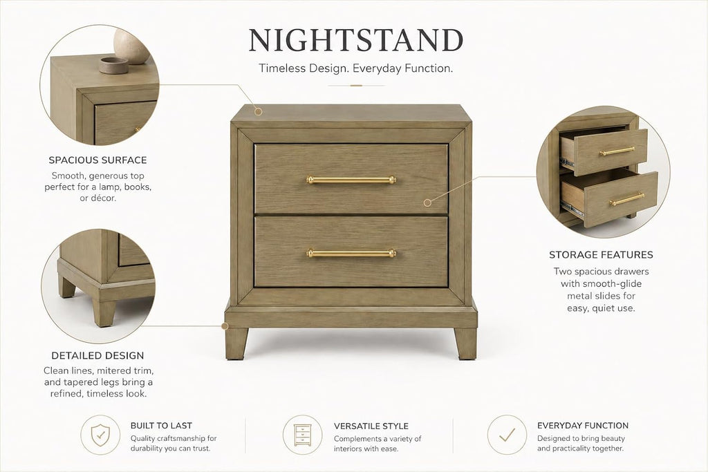 First of a Kind Nightstand Contemporary Wood Bedside Table Dove Collection Rustic Beige Finish Clean Modern Design Bedroom Nightstand Streamlined Structure Coordinated Furniture Piece
