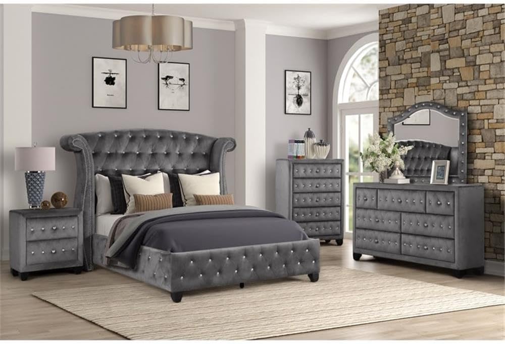 Sophia Queen 5 Pc Upholstery Bedroom Set Made with Wood in Gray