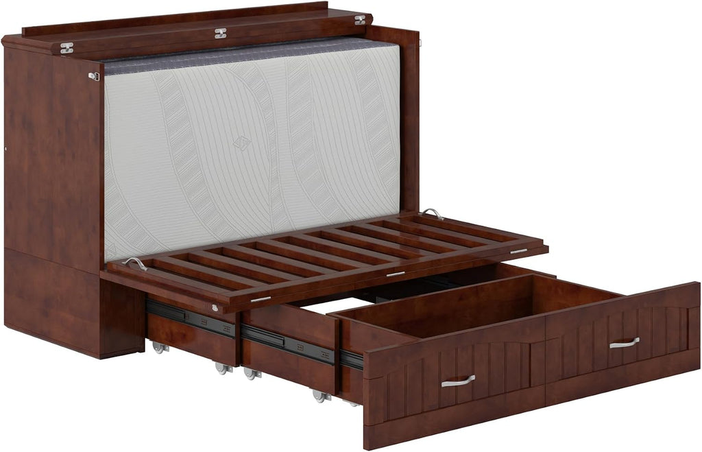 AFI, Southampton Murphy Bed Chest Full with 6' Mattress, Built-in USB Charger & Storage Drawer, Walnut