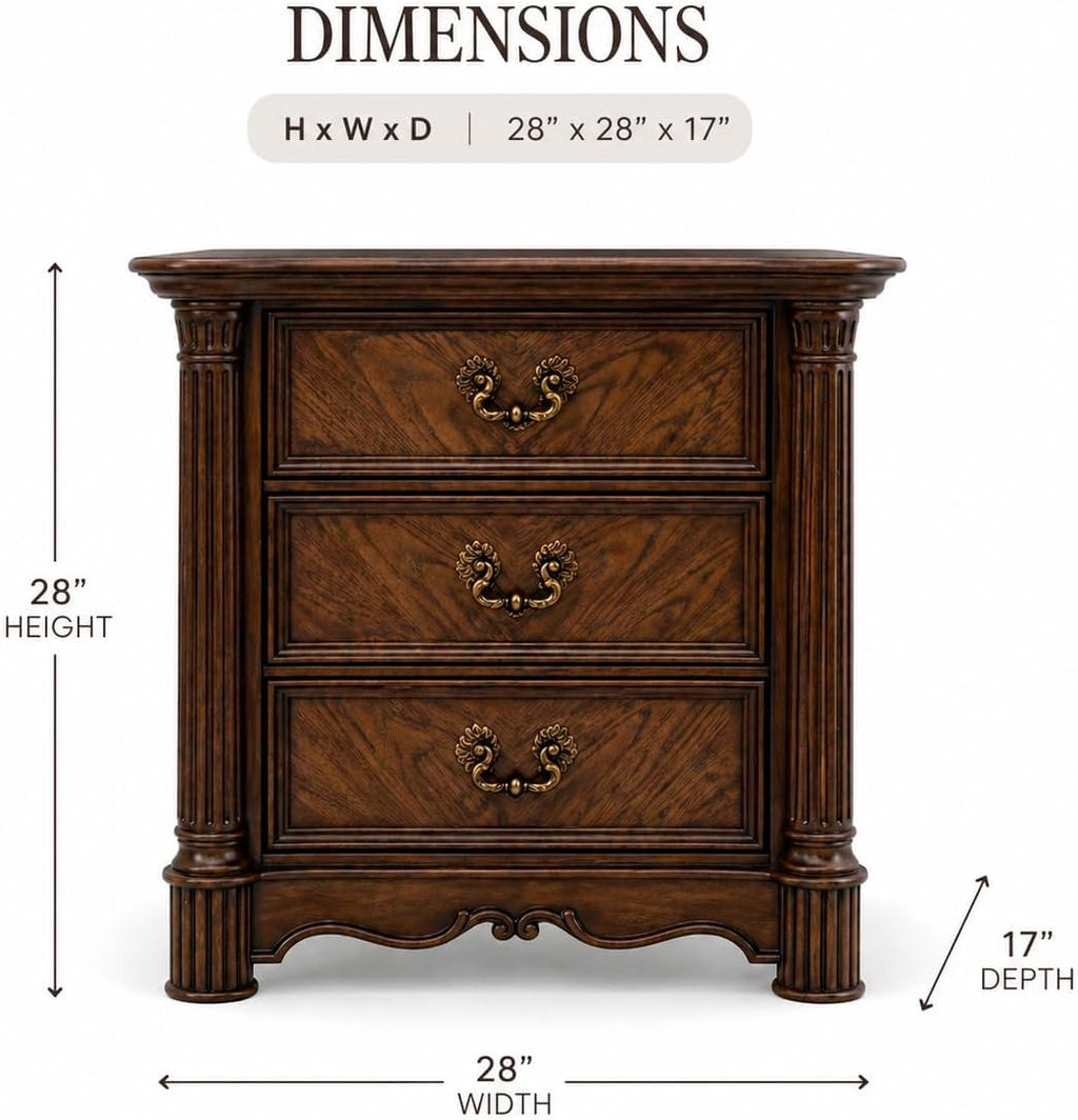 First of a Kind Traditional Wood Bedside Table Nicole Collection Rich Walnut Finish Classic European Design Bedside Table Carved Detailing Elegant Coordinated Furniture Piece