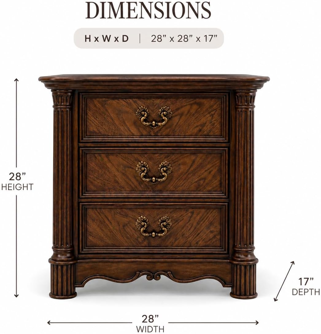 First of a Kind Traditional Wood Bedside Table Nicole Collection Rich Walnut Finish Classic European Design Bedside Table Carved Detailing Elegant Coordinated Furniture Piece
