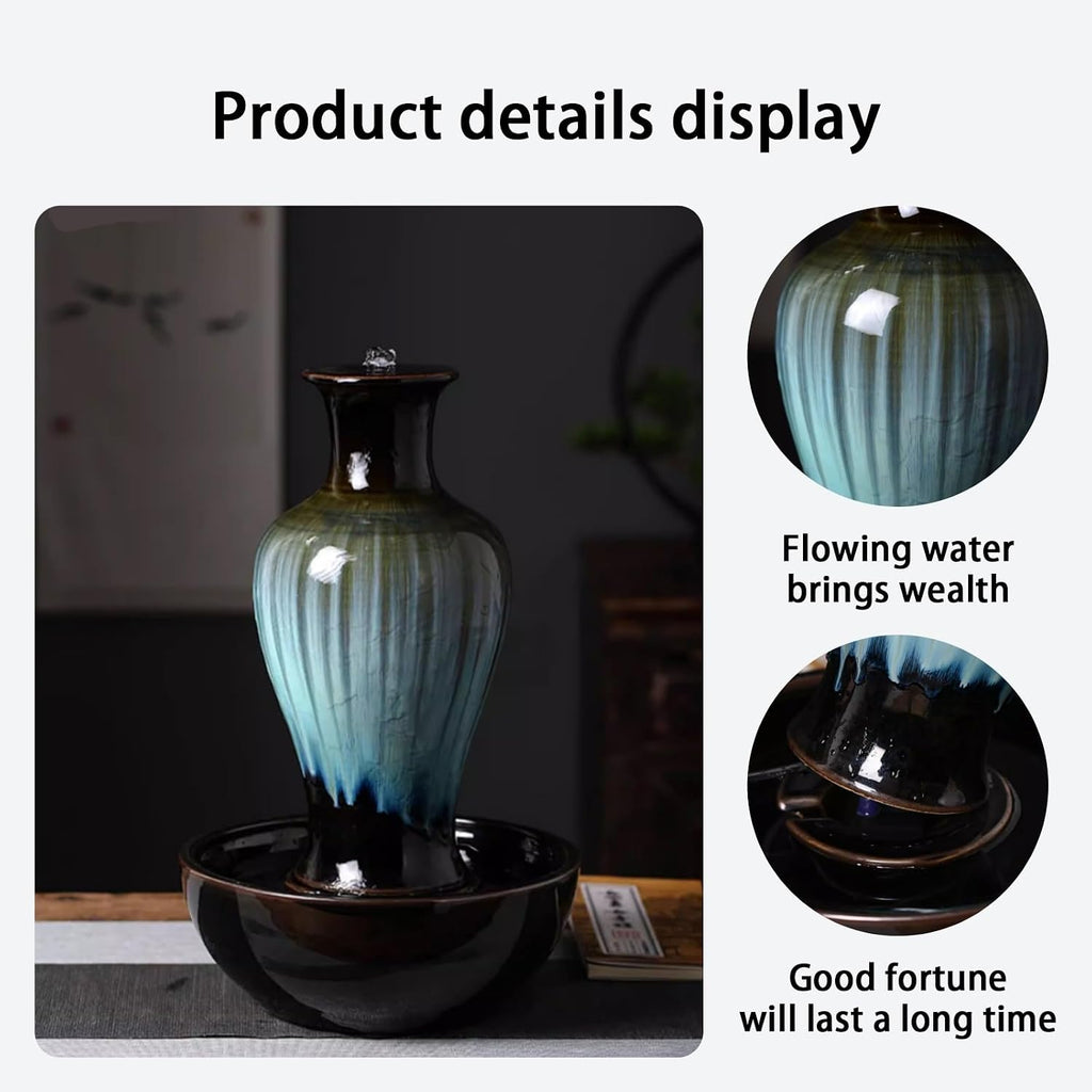 Tabletop Water Fountain, Zen Relaxation, Ceramic Material, Vase Shape, Indoor Waterfall, Meditation, for Home Office Bedroom Living Room Desktop Decor(Green,11 * 11 * 15.7IN)