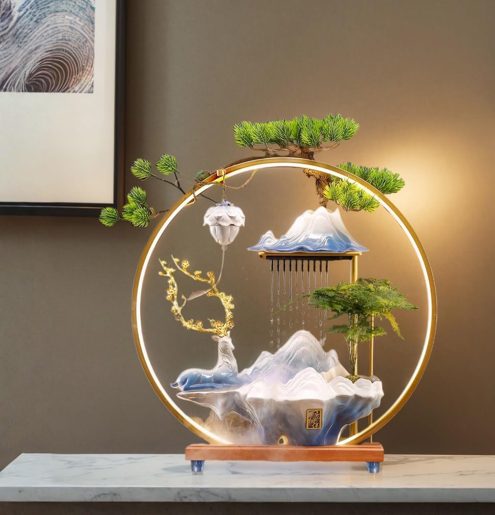 Desk Waterfall Fountain Indoor Ceramic Deer Sculpture,Tabletop Mini Water Fountain with Mist，Adjustable LED Light Ring and Backflow Incense Burner Holder(PQLU001)