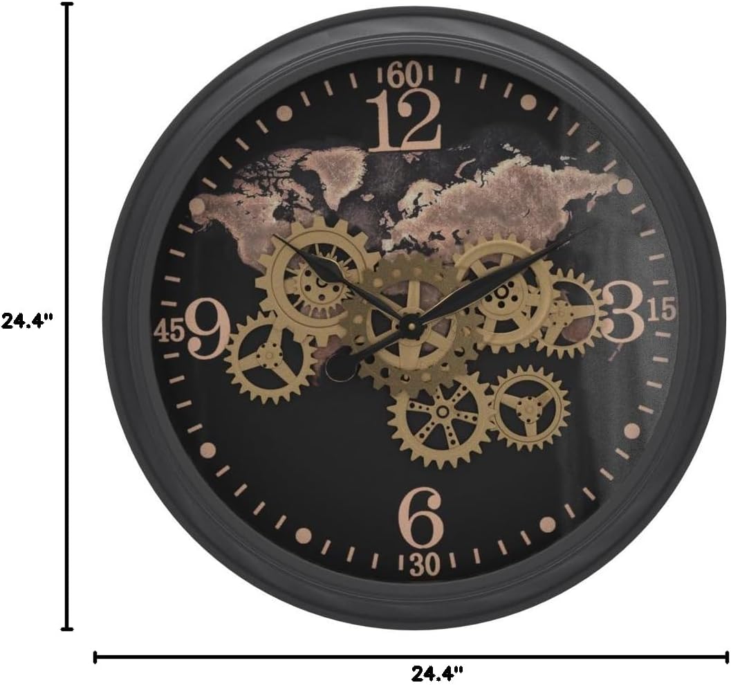 CLXEAST 24 Inch Moving Gear Wall Clock with World Map Pattern,Large Black Gold Metal Wall Clock for Modern Farmhouse Living Room Decor,Reloj De Pared para Sala