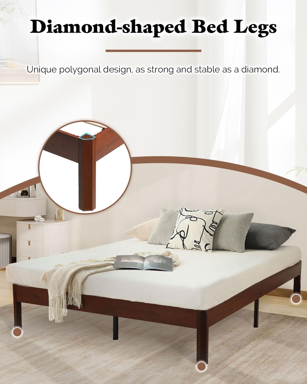 14 inch Sturdy Heavy Duty Wood Bed Frames with Wooden Slats, Queen Size Platform Bed Frame, Natural Classic Design, Easy Set Up, Storage Space Under-Bed, No Box Spring Needed (Queen)