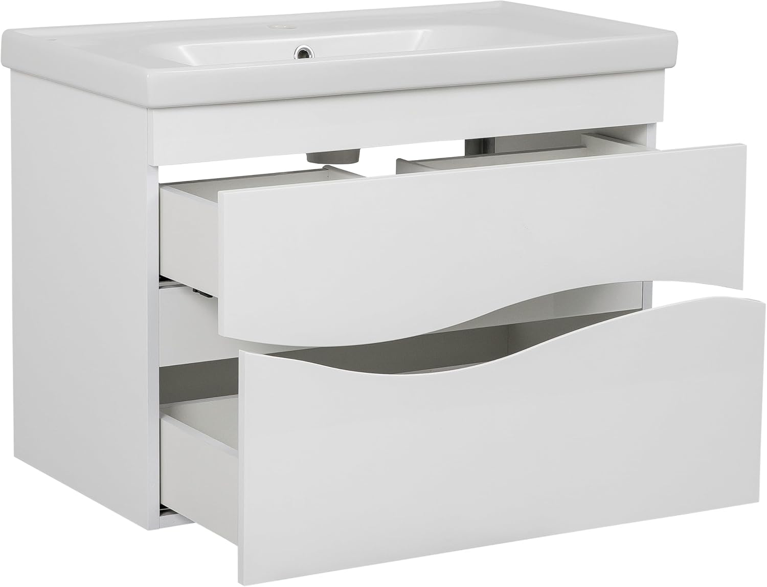 Modern Wall-Mounted Bathroom Vanity with Washbasin | Wave White High Gloss Mirror with Side Vanity Cabinet | Non-Toxic Fire-Resistant MDF-44 (32+12)-Omega Mirror R-line 24'