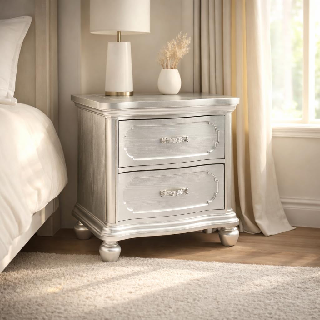 First of a Kind Silver Wood Traditional Nightstand with Drawers and Carved Design - 28-Inch Wide Bedside Table, Classic European Style Bedroom Furniture