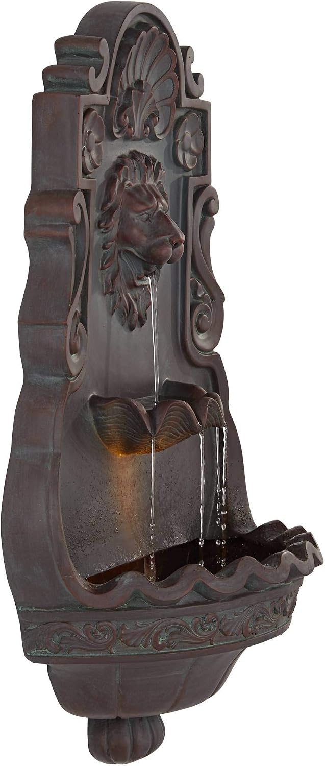 Royal Lion Head 31 1/2' High Large Rustic Indoor Outdoor Decor Bronze Wall Fountain with Light LED Statue Waterfall Tiered Basin Water Feature for Outside Garden Patio Yard Backyard - John Timberland