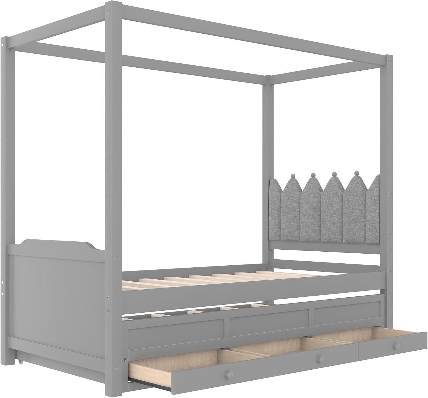 Twin Size Wood Canopy Bed with Upholstered Headboard, Twin Size Trundle and 3 Drawers, No Box Spring Needed (Gray, Twin)