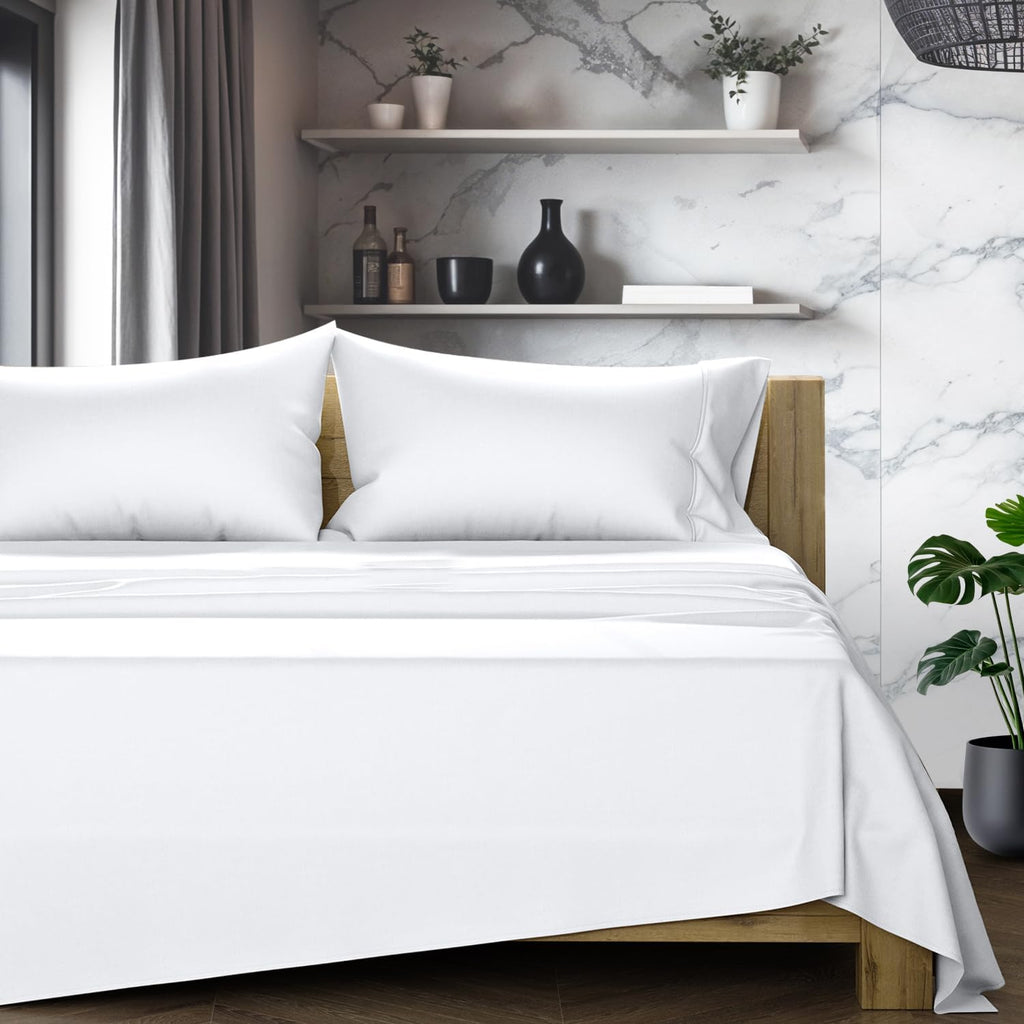 TEXAS LINEN CO. 100% Egyptian Cotton Queen Sheets Set - Luxury 1200 Series Star Sleepin' Collection Egyptian Cotton Sheets Queen Size (4 PC, White), 17' Deep Pocket, Cooling Sateen Hotel Bedding Set