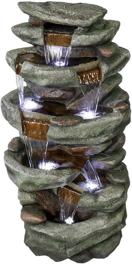 SunJet 40.5' High Rocks Outdoor Water Fountain - 6-Tiers Cascading Waterfall with LED Lights, Soothing Tranquility for Home Garden, Yard Decor