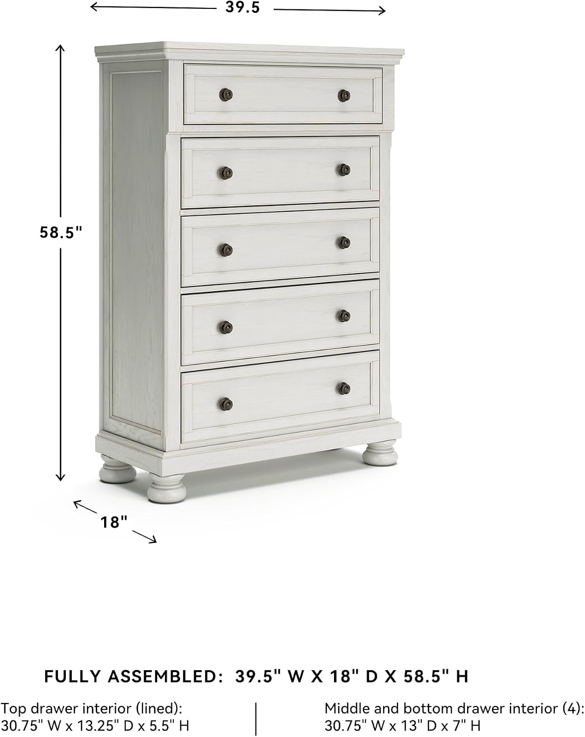 Signature Design by Ashley Robbinsdale Traditional 5 Drawer Chest, Antique White