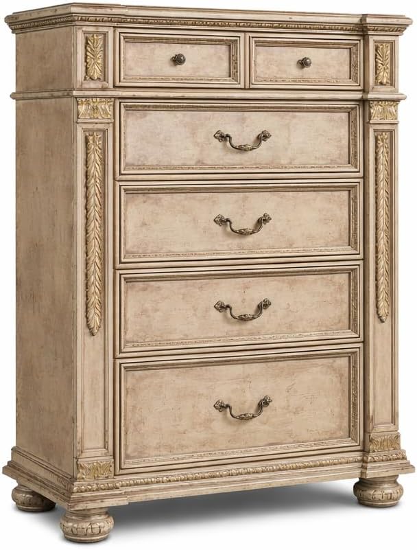 First of a Kind Carolina Gold Finish Traditional 5 Piece Queen Bedroom Set with Upholstered Tufted Headboard Ornate European Inspired Design Coordinated Furniture Collection