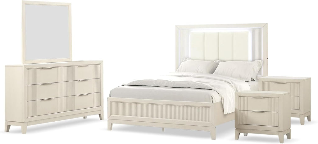 Furniture of America Oberlin Transitional Solid Wood 5-Piece Bedroom Set Queen-Size Bed with LED & Padded Fabric Headboard and Vertical Channel Tufting, Box Spring Required, Antique White