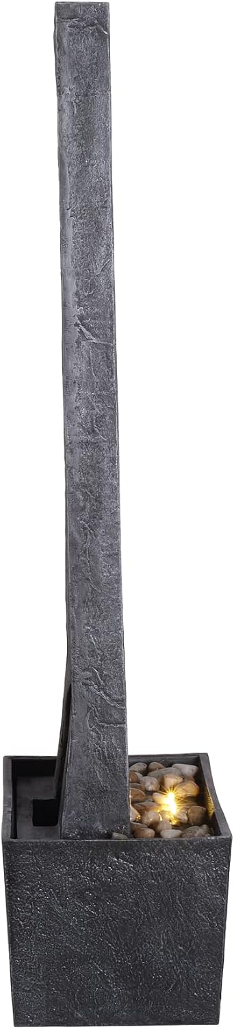 Teamson Home 38.5' Faux Slate Contemporary Outdoor LED Waterfall Fountain with Pebble Base, Gray/Black