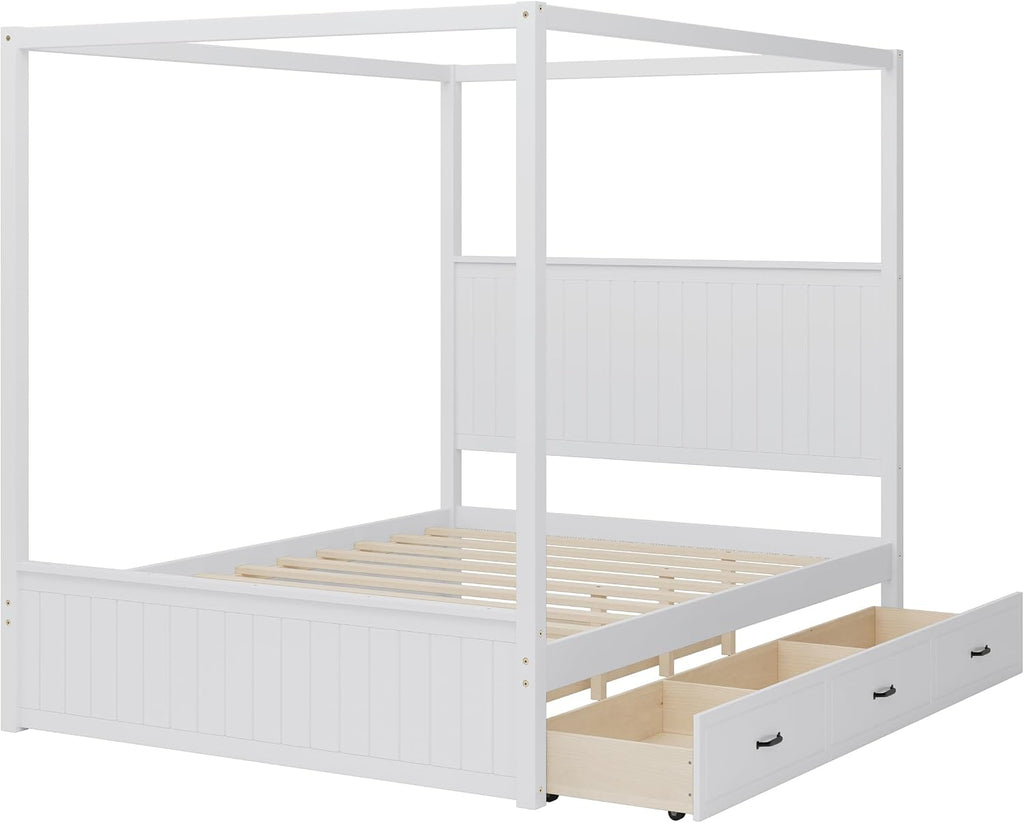 Queen Size Canopy Bed with Trundle and Three Storage Drawers, 4-Post Wood Bed Frame with Headboard, No Box Spring Needed (White)