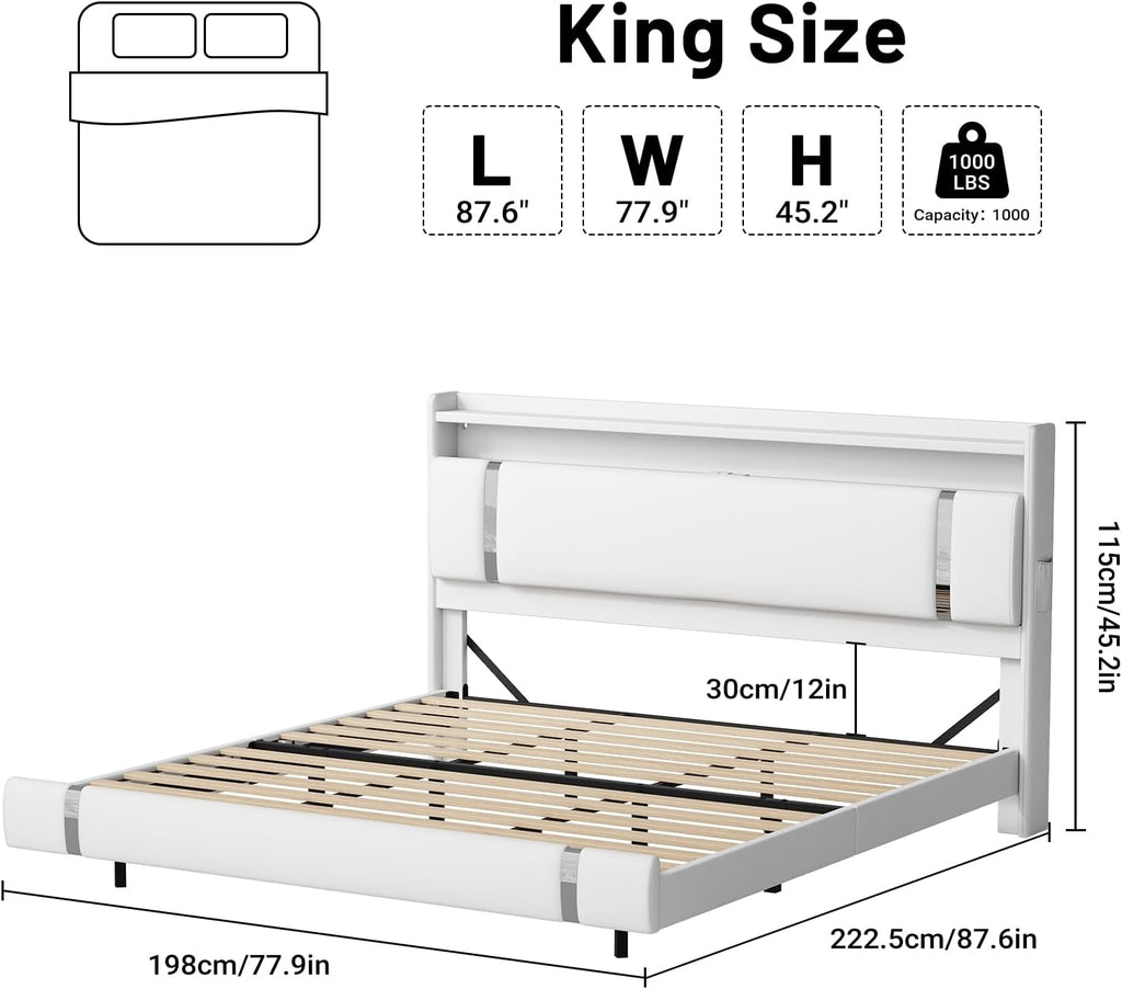 Floating Bed Frame with Storage Headboard, Modern White King Size Bed Frame with LED Light and Charging Station, Upholstered Platform Bed Frame, No Box Spring Needed, Metal Frame Noise-Free