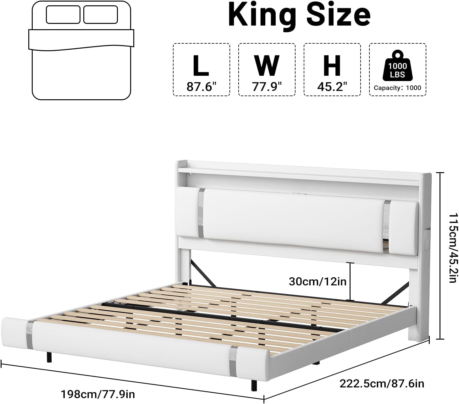 Floating Bed Frame with Storage Headboard, Modern White King Size Bed Frame with LED Light and Charging Station, Upholstered Platform Bed Frame, No Box Spring Needed, Metal Frame Noise-Free