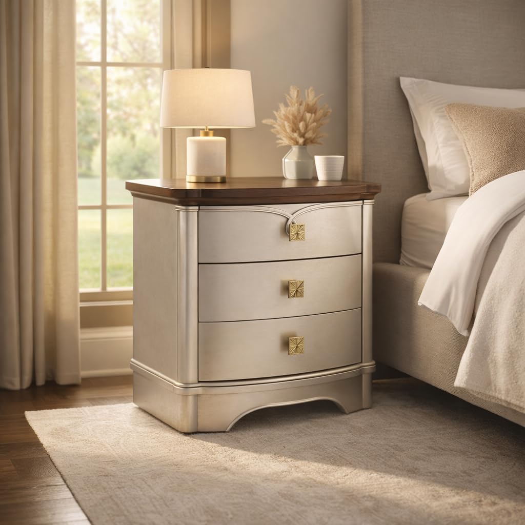 First of a Kind Traditional Wood Nightstand - Curved Frame, Carved Detailing, 28-Inch Wide - Classic European Style Bedroom Furniture with Soft Champagne Finish