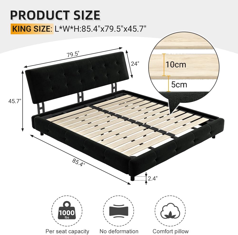 King Size Platform Bed Frame, Tufted Headboard with Extra-Large Ultra-Soft Cloud Pillow Design, Chenille Platform Bed with Metal and Wooden Slats Double Support, No Box Spring Needed (Black-King,7)